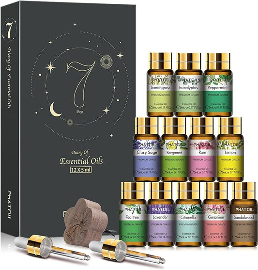 Essential Oil Set, 12x5ml Essential Oils Gift Set with Diffused Wood, 100% Natural Pure Essential Oils for Diffusers DIY Candle Soap Making