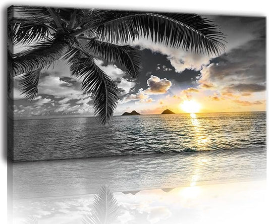Bamdeya Large Canvas Wall Art for Bedroom Black and White Beach Wall Art Sunset Seascape Pictures Palm Prints Art Wall Decor Living Room Ocean Poster Painting Home Office Decoration Scenery Artwork