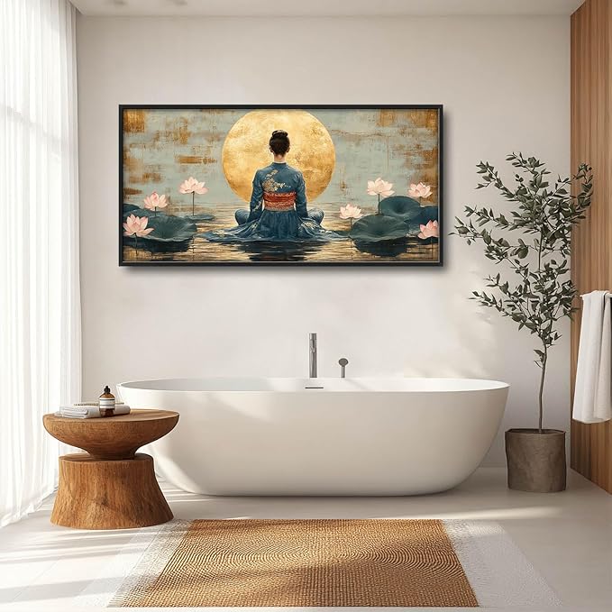 Japanese Woman Large Wall Art Lotus Moon Pictures Wall Decor Nature Canvas Landscape Print Painting Modern Artwork Home Decoration for Living Room Bathroom Bedroom Office Framed 60"x30"