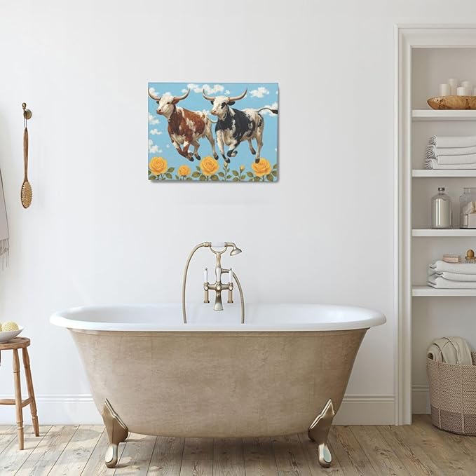 Longhorn Cow Wall Decor Funny Cow Canvas Wall Art Cute Cattle Pictures Painting Artwork Framed Decoration for Bedroom Bathroom Living Room Kitchen Dining Room Office 12"x16"