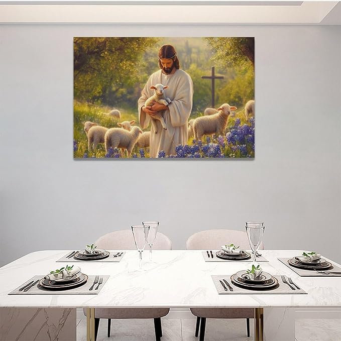 Fleruku Jesus Lamb Wall Art Christ Christian Wall Decor Jesus Religious Sign Pictures Canvas Painting Artwork Home Decorations for Living Room Bedroom Bathroom Office 24"x16"