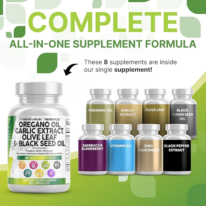 Clean Nutraceuticals Oregano Oil Garlic Extract Olive Leaf Black Seed Oil - Immune Support & Digestive Health Supplement for Women and Men with Vitamin D3 & Zinc - 3Pack
