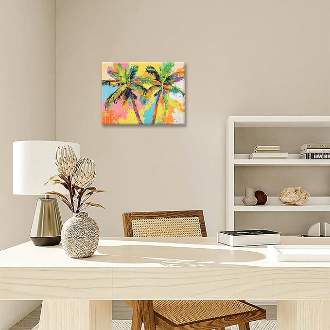 Olivine Tropical Wall Art, Palm Tree Pictures Wall Decor, Graffiti Painting, Colorful Summer Canvas Prints, Framed Artwork for Bathroom Living Room Bedroom Office Home Decoration 16"x12"