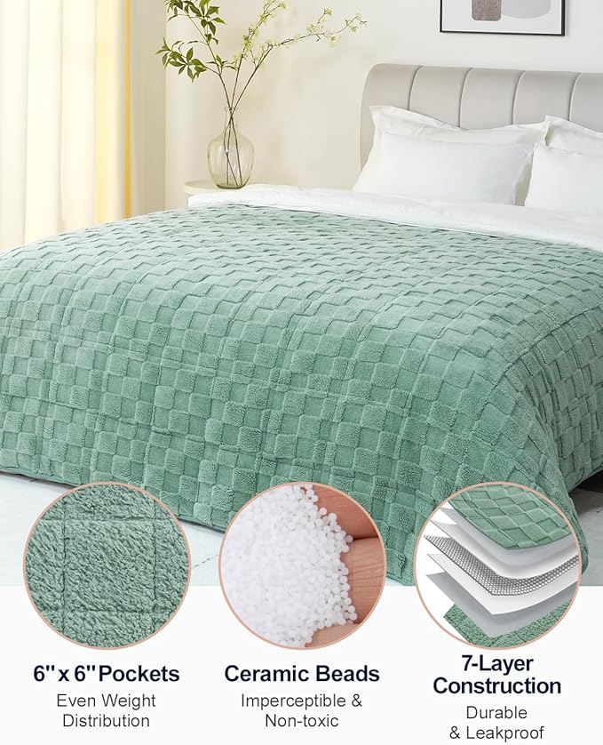 Kivik Weighted Blanket for Adult, 20 lbs Checkered Throw Blankets, Soft Dual Sided Heavy Fleece Checkerboard Blanket for Couch Sofa Bed, Queen Size 60 x 80 Inches, Sage Green