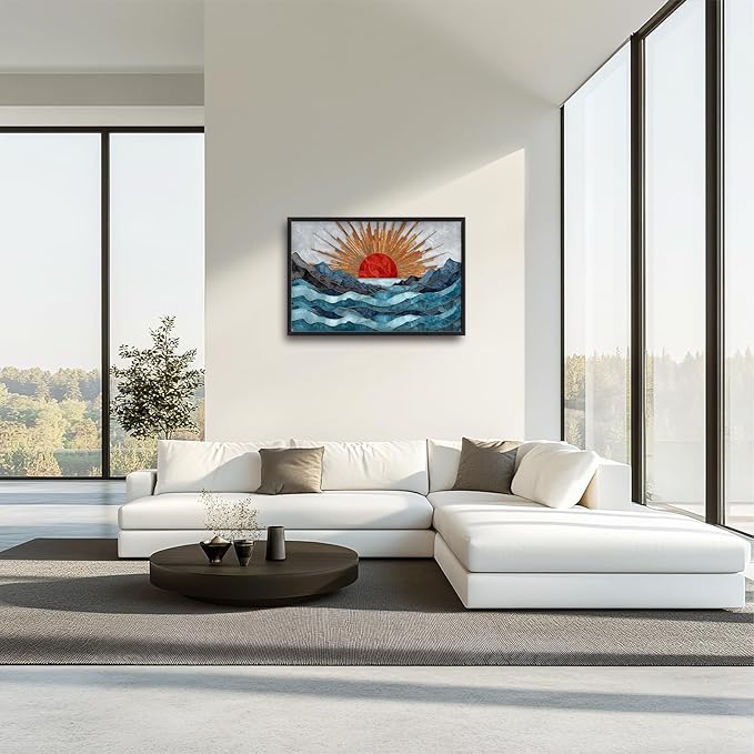 Glocmna Large Wall Art for Living Room Japanese Stained Glass Mountain Sunrise Wall Decor Modern Oriental Landscape Canvas Big Pictures Painting Print Framed Artwork Decorations Gifts for Bedroom Home Office Hotel 24"x36"