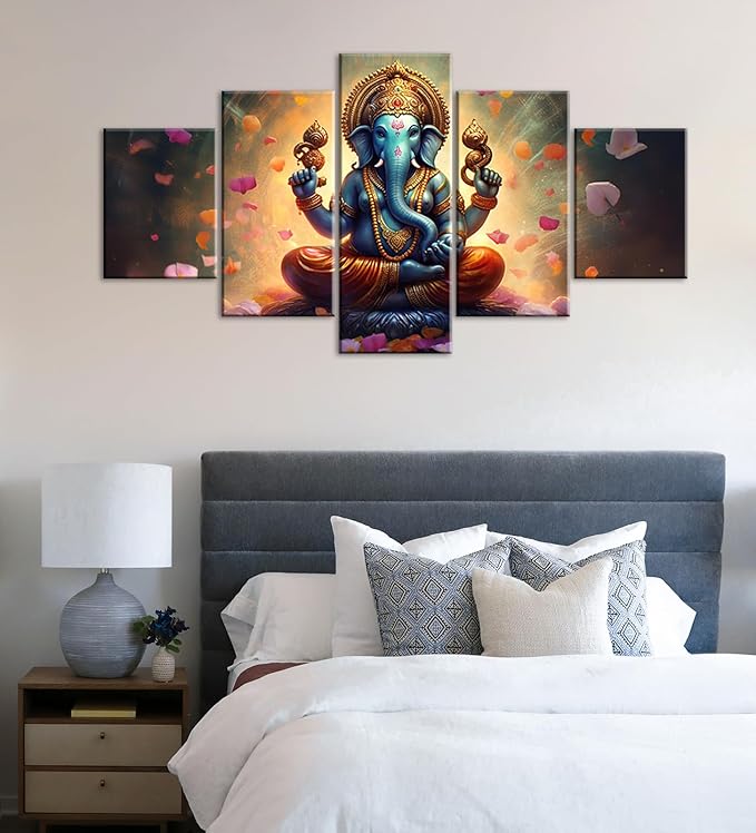 Ganesha Indian Wall Decor Large 5 Pieces Lord Hindu Elephant Photo Picture Canvas Prints Paintings for Living Room Meditation Room Framed Decorations (60" W x 32" H)