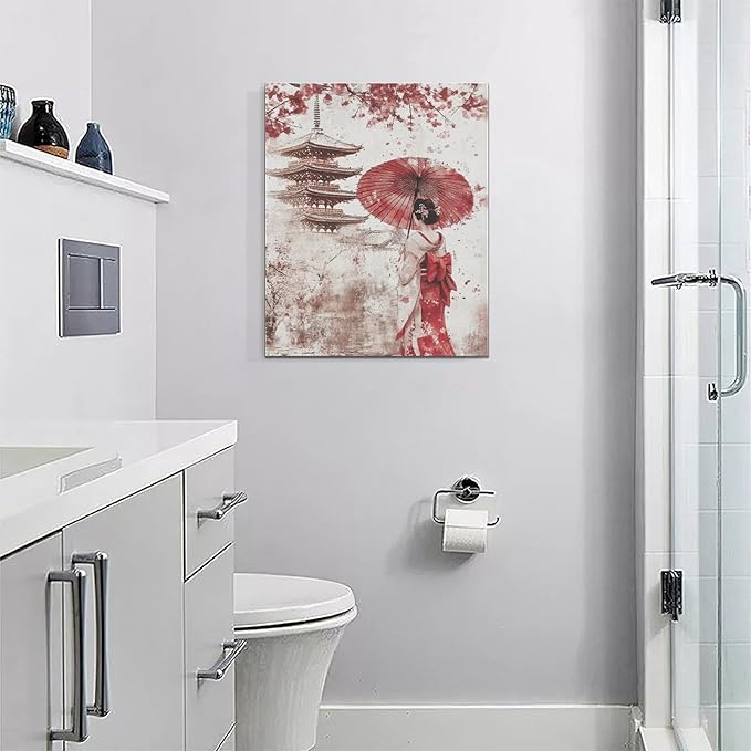 Japan Wall Art Japanese Geisha Wall Decor Cherry Blossoms Farmhouse Japan Pictures Canvas Painting Artwork Home Decorations for Living Room Bedroom Bathroom Office Classroom 16"x20"