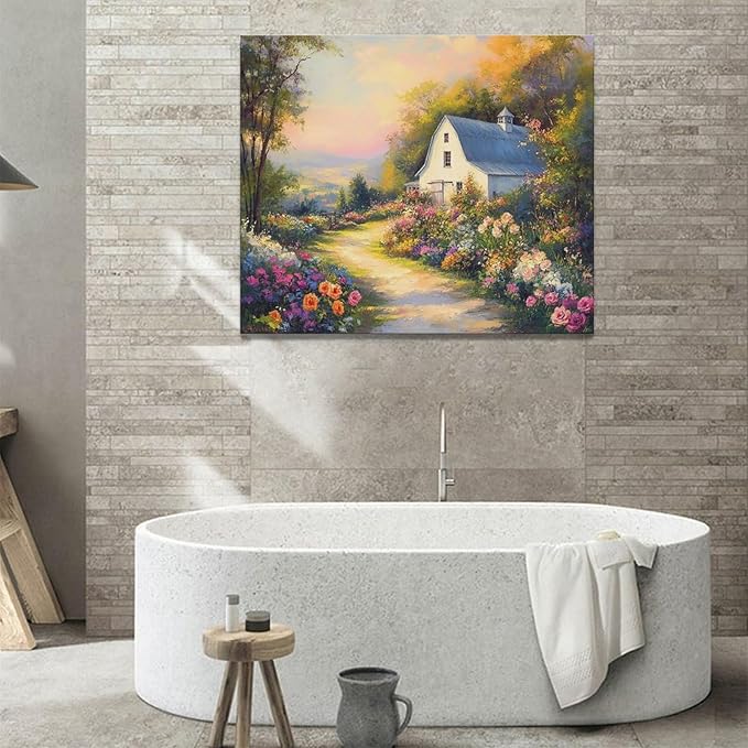 Olivine Garden Wall Art, Barn Pictures Wall Decor, Sunset Painting Vintage Village Garden Canvas Print, Framed Artwork for Living Room Bedroom Bathroom Office Home Decoration 24"x20"
