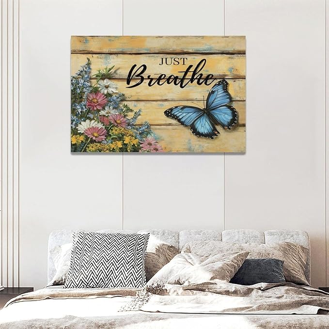 Olivine Butterfly Wall Art, Butterflies Flower Pictures Wall Decor, Just Breathe Painting, Vintage Farmhouse Canvas Prints, Framed Artwork for Living Room Bedroom Bathroom Kitchen Office Home 24"x16"