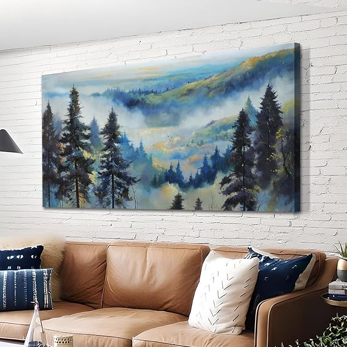 Anolyfi Large Misty Mountain Canvas Wall Art Living Room Foggy Forest Landscape Painting, Nature Pine Tree Scenery Blue Textured Artwork Framed for Bedroom Bathroom Kitchen Office Home Decor 48"x24"