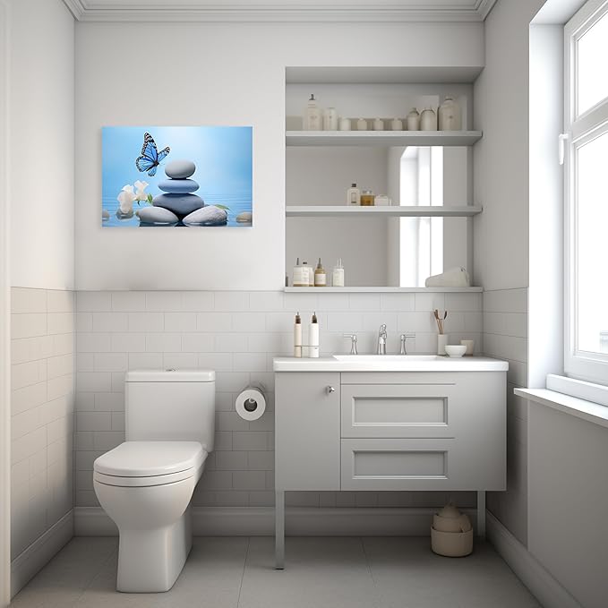 ARTZGX Zen Wall Art for Bathroom Zen Stone Picture Blue Butterfly Painting Still Life Artwork for Yoga Room Decor Frame(Zen - C 16.00" x 24.00")