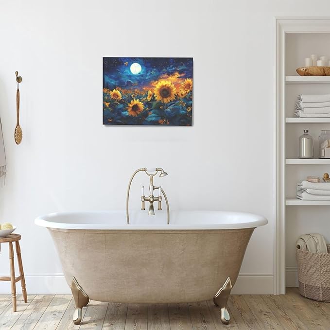 Sunflower Canvas Wall Art Starry Night Pictures Painting Yellow Floral Wall Decor Prints Framed Artwork Decoration for Living Room Bedroom Bathroom Dining Room Office 12"x16"