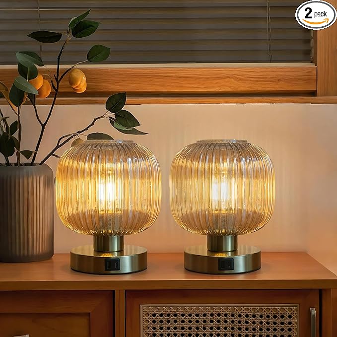 Touch Control Small Table Lamp Set of 2, Elegant Gold Glass Bedside Lamp 3 Way Dimmable with USB C+A Charging Ports - Bedroom Nightstand & Living Room Essential, 4W Bulb Included