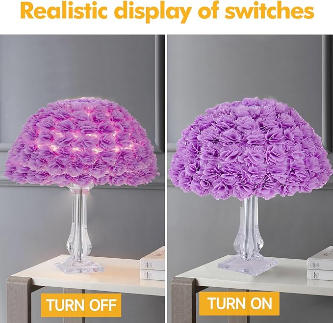 Fabric Flower Desk Lamp Purple Artificial Floral Table Lamp for Girl Chiristmas Gift Nightstand Light Bedside Lamp Decor for Wedding Bedroom Living Room Restaurant Hotel Office