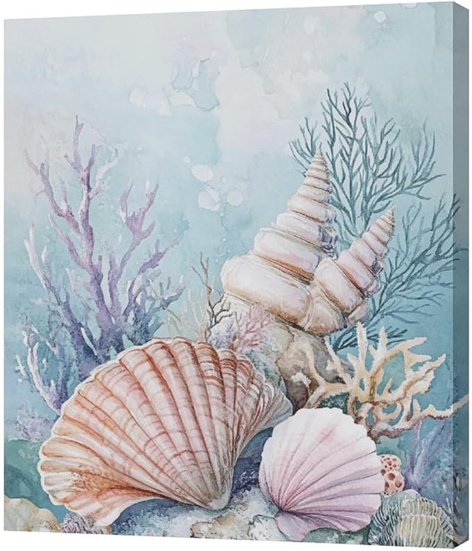 Fleruku Beach Coral Shells Wall Art Nautical Sea Wall Decor Ocean Pictures Canvas Painting Artwork Home Decorations for Living Room Bedroom Bathroom Office Nursery 20"x24"