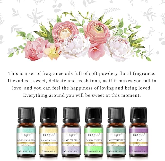 Premium Floral Fragrance Oils Set 6PCS Fragrance Oils Set for Diffuser, DIY Candle - Honeysuckle, Lilac, Japanese Magnolia, Violet, Orange Blossom (10ml)