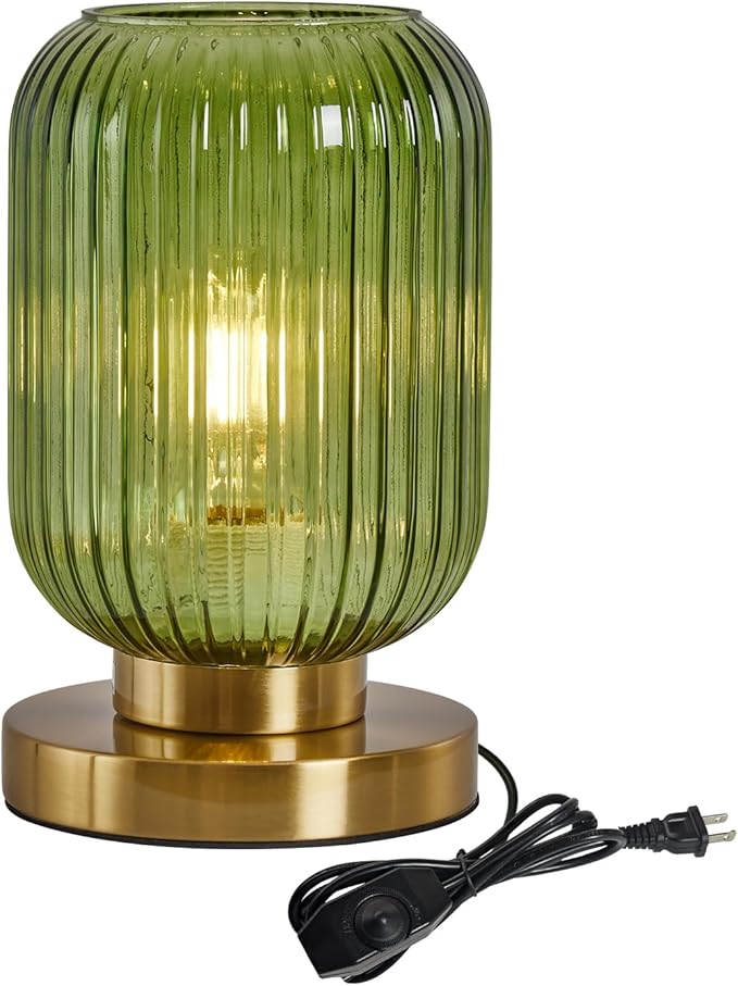 Glass Table Lamps Mid Century Modern Globe, Dimmable Green Table Lamp for Nightstand, Small Gold Table Lamp, Green Pumpkin Design Ribbed Glass Vintage Bedside Lamp for Bedroom Living Room Office