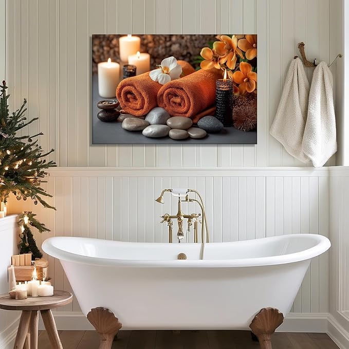 KPLUNDO Zen Canvas Wall Art - Candle Spa Stones with Towel on Wood Table Picture Orchid Meditation Spiritual Relax Painting Prints for Bathroom Home Decor Frame(24.00x36.00 inch)