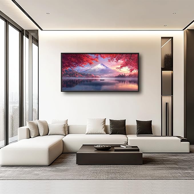 Japanese Mountain Lake Large Wall Art Pink Japan Pictures Wall Decor Nature Landscape Big Canvas Painting Prints Framed Artwork Home Decorations Above Bed for Bedroom Living Room Dining Room 60"x30"