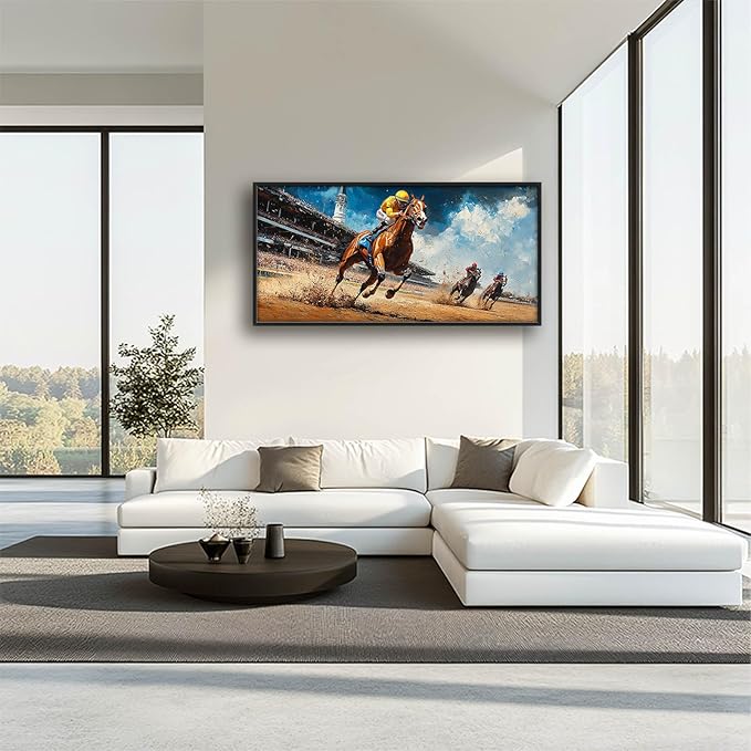 Horse Race Large Wall Art Horse Running Pictures Wall Decor Arena Canvas Animal Print Painting Modern Artwork Home Decoration for Living Room Bathroom Bedroom Office Framed 60"x30"