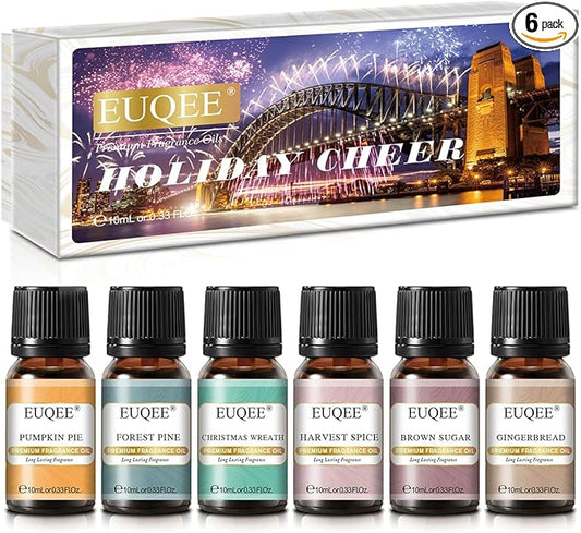 Holiday Cheer Premium Fragrance Oils Set of 6 - Forest Pine, Christmas Wreath, Brown Sugar, Harvest Spice, Gingerbread, Pumpkin Pie - Scented Oils for Diffuser, Candle Making (10ml)
