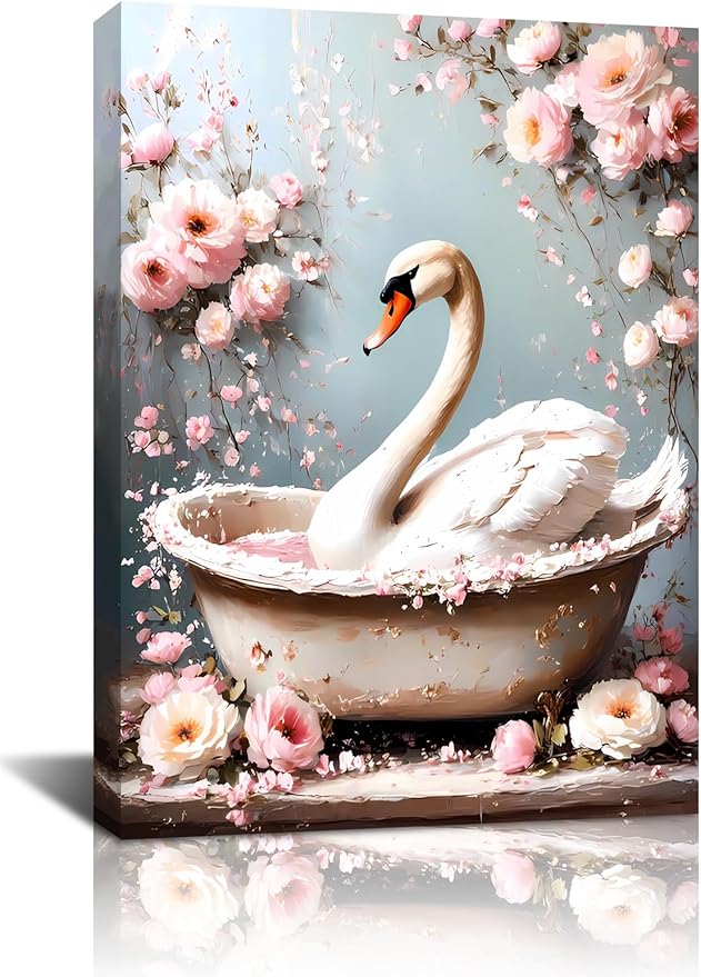 Framed Swan Wall Art Prints,Swan Bathroom Wall Art,Swan In Bathtub Poster Print,Rustic Watercolor Swan Vintage Art Pictures for Bedroom Bathroom Office Decor(12''x16'')