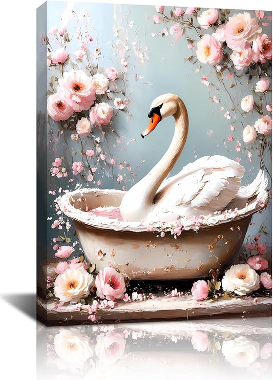 Framed Swan Wall Art Prints,Swan Bathroom Wall Art,Swan In Bathtub Poster Print,Rustic Watercolor Swan Vintage Art Pictures for Bedroom Bathroom Office Decor(12''x16'')