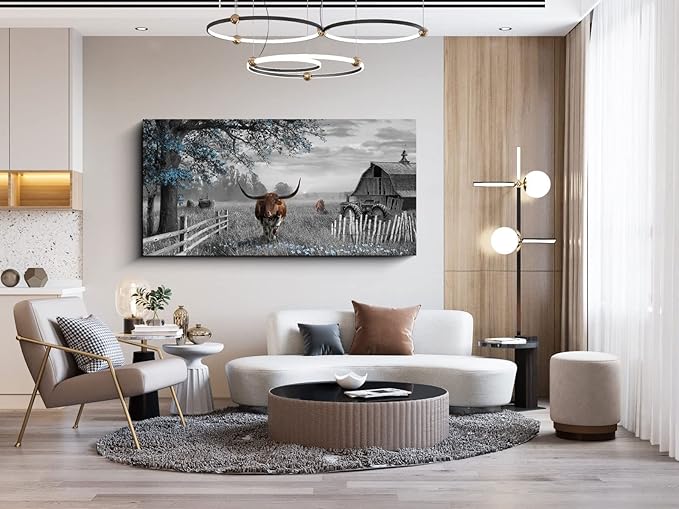 Yiijeah Large Country Wall Art - Brown Cow Blue Tree Pictures Farmhouse Wall Decorations for Living Room Rustic Wall Decor Above Bed