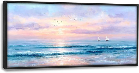 Glocmna Large Wall Art for Living Room Ocean Beach Wall Decor Nautical Sunrise Seascape Canvas Big Coastal Landscape Painting Print Artwork Framed Artwork Decorations Gifts for Bedroom Home Office Hotel 30"x60"