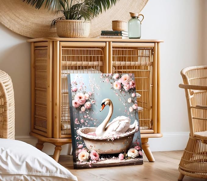 Framed Swan Wall Art Prints,Swan Bathroom Wall Art,Swan In Bathtub Poster Print,Rustic Watercolor Swan Vintage Art Pictures for Bedroom Bathroom Office Decor(12''x16'')