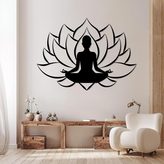 Veplsur Lotus Flower Decor, Metal Zen Wall Art, Yoga Zen Sign Decorative, Yoga Decor, Lotus Wall Hanging, Meditation Wall Art, Symmetry Art, Yoga Studio Decor, Home Decor (White, 48"x35"|121x88cm)