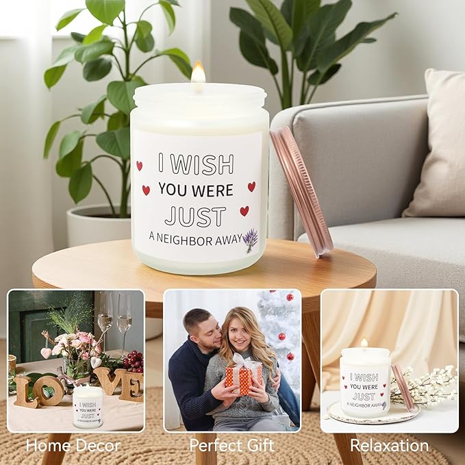 Lavender 'Wish You were Neighbor Away' Scented Candle – 8oz Soy Wax Jar, 50-Hour Burn Time – Relaxing Gift for Long-Distance Friends, Couples & Missing Someone