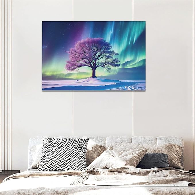 Northern Lights Bathroom Decor Aurora Wall Art Tree canvas Snow Painting Canvas Prints Framed Artwork for Bathroom kitchen Bedroom Living Room 24"x16"