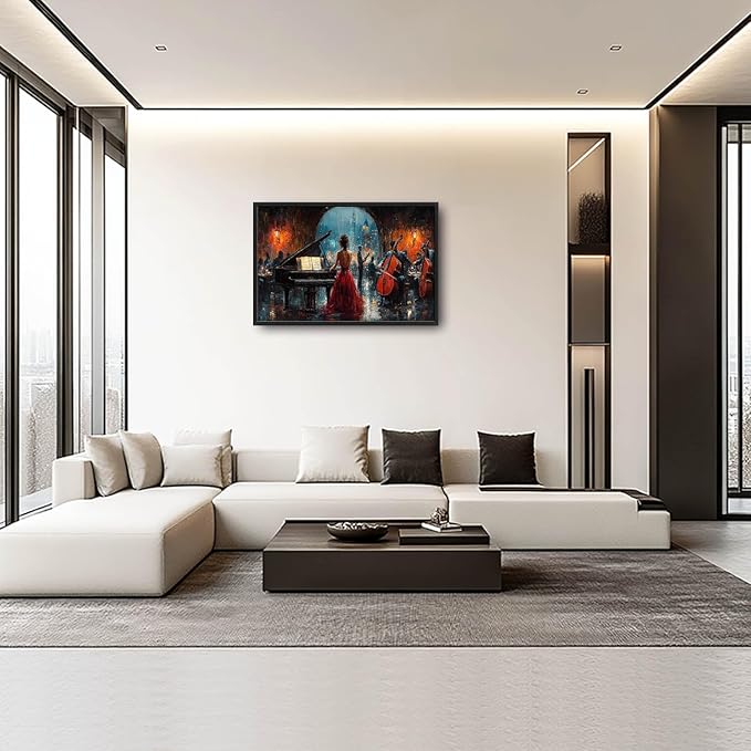 Music Piano Large Wall Art Cello Performance Pictures Wall Decor Musician Canvas Hotel Print Painting Modern Artwork Home Decoration for Dining Living Room Bathroom Bedroom Office Framed 36"x24"