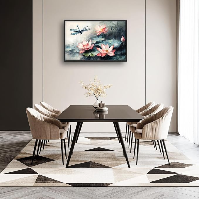 Framed Large Wall Art for Living Room, Lotus Dragonfly Canvas Wall Decor, Floral Zen Pictures Painting, Modern Landscape Artwork for Bedroom Office 36L'' × 24W''