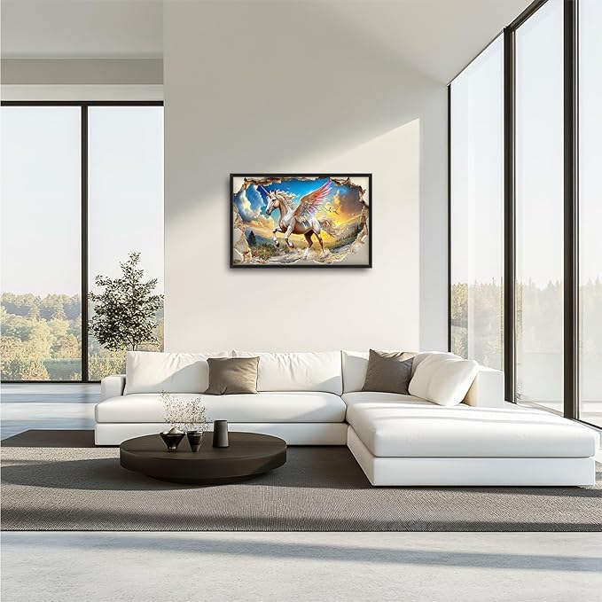 Framed Large Wall Art for Living Room, Unicorn Canvas Wall Decor, Large White Horse Pictures Framed Painting, Natural Landscape Artwork for Bedroom Office Home Decor 36L'' × 24W''