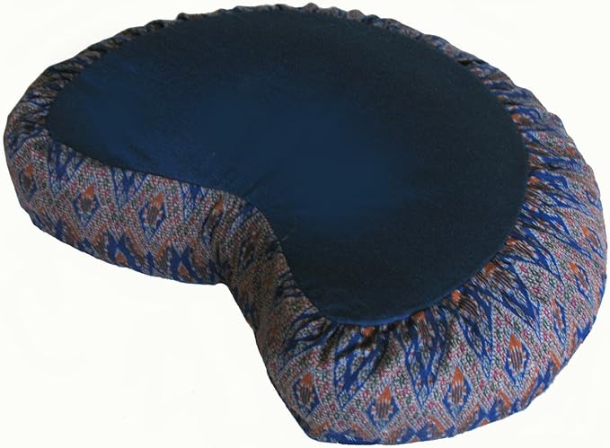 Meditation Cushion Zafu Pillow Buckwheat Fill - Ikat Fabric Crescent Blue