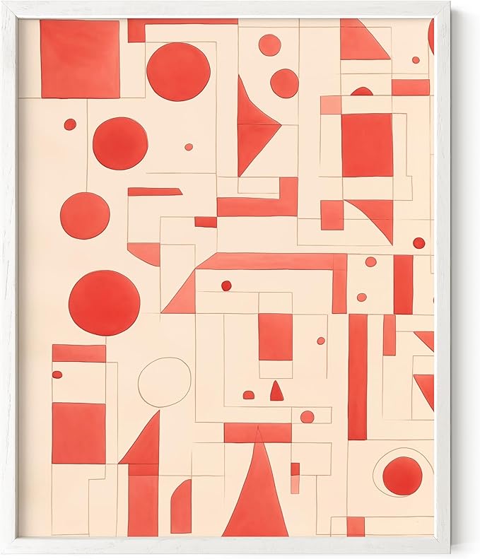 HAUS AND HUES Colorful Abstract Wall Art - Minimalist Retro Picture for Living Room Decor, Red and Pink Modern Wall Art Painting (Red Geometric, White Frame, 8x10)