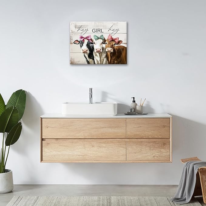 Olivine Cow Wall Art, Farmhouse Pictures Wall Decor, Cows Painting, Country Rustic Canvas Prints, Framed Artwork for Living Room Bedroom Bathroom Home Decoration 16"x12"
