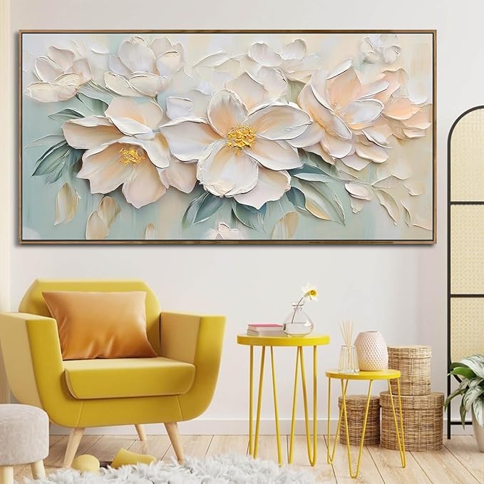 Anolyfi White Textured Flowers Canvas Wall Art for Living Room, Modern Aesthetic Abstract Sage Pink Florals Picture Painting, Large Artwork for Hallway Bedroom Office Home Decor, Wood Framed 48"x24"