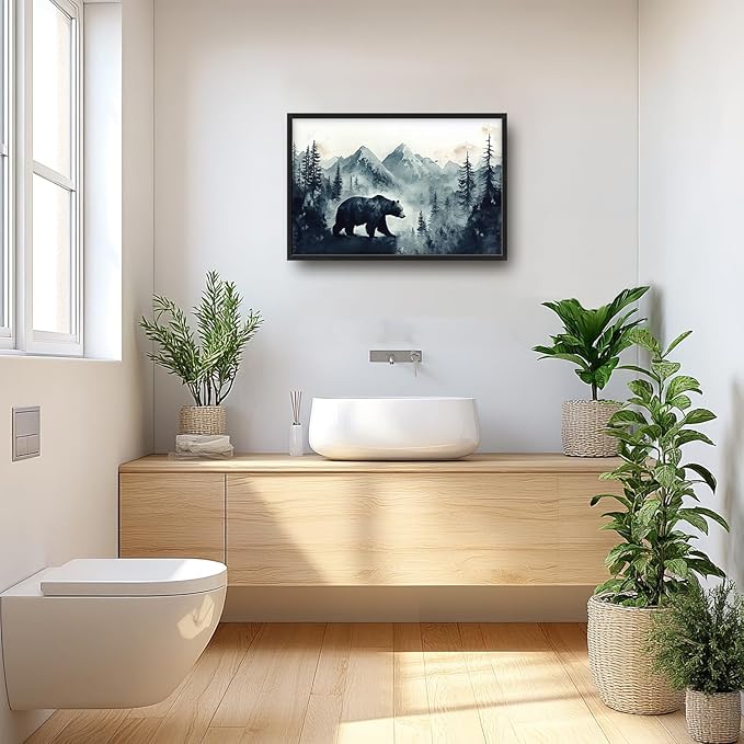 SweetFox Extra Large Forest Bear Framed Wall Art for Living Room, Bear Pictures Oversized Wall Decor Abstract Big Canvas Painting Print Home Artworks for Bathroom Master Bedroom Office 36L X 24W