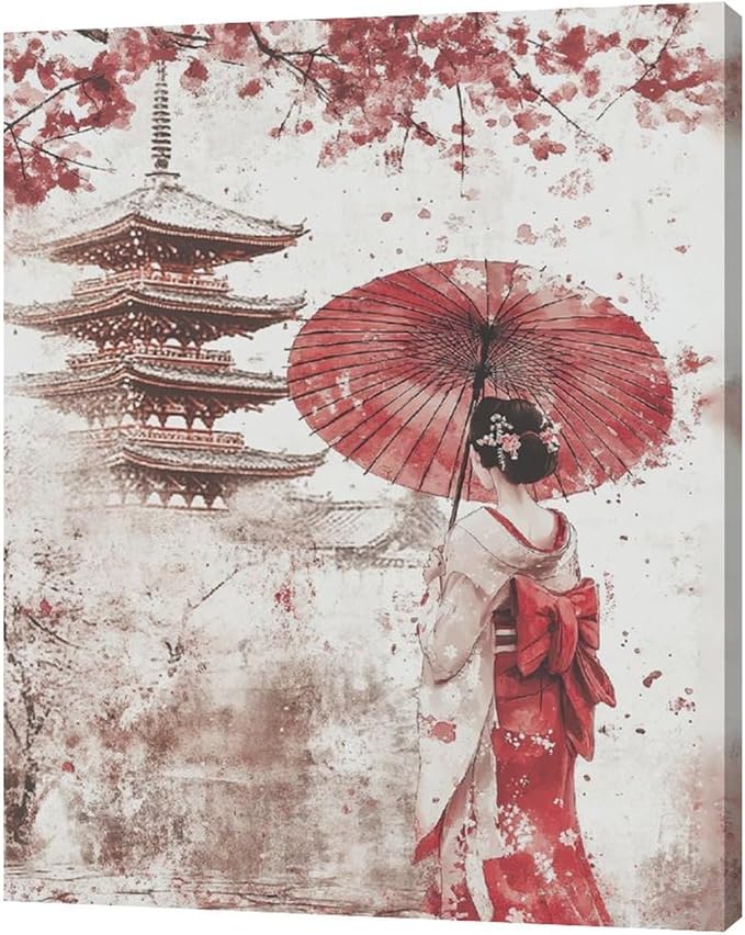 Japan Wall Art Japanese Geisha Wall Decor Cherry Blossoms Farmhouse Japan Pictures Canvas Painting Artwork Home Decorations for Living Room Bedroom Bathroom Office Classroom 16"x20"