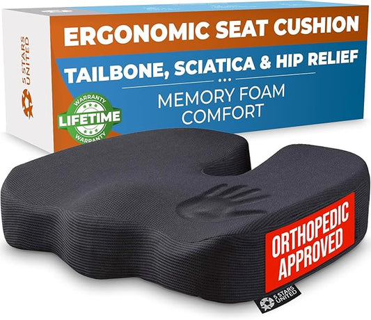 Seat Cushion for Office Chairs - Fits 18"x14" Seats, Tailbone, Coccyx Pain Relief - Butt, Pressure & Sciatica Relief - Gaming, Wheelchair, Car & Desk Pillow, Black