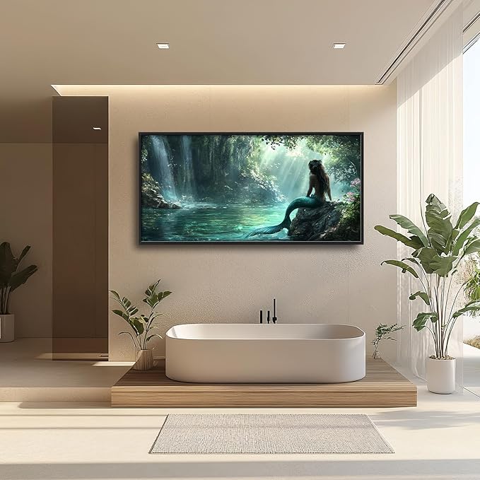 Mermaid Extra Large Wall Art Forest Waterfall Mermaid Pictures Wall Decor Cabin Canvas Prints Painting Oversize Framed Artwork Home Decoration Above Bed for Bedroom Bathroom Living Room 60"x30"
