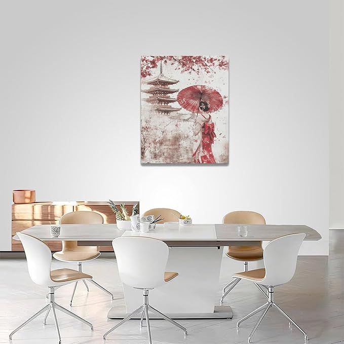 Japan Wall Art Japanese Geisha Wall Decor Cherry Blossoms Farmhouse Japan Pictures Canvas Painting Artwork Home Decorations for Living Room Bedroom Bathroom Office Classroom 16"x20"