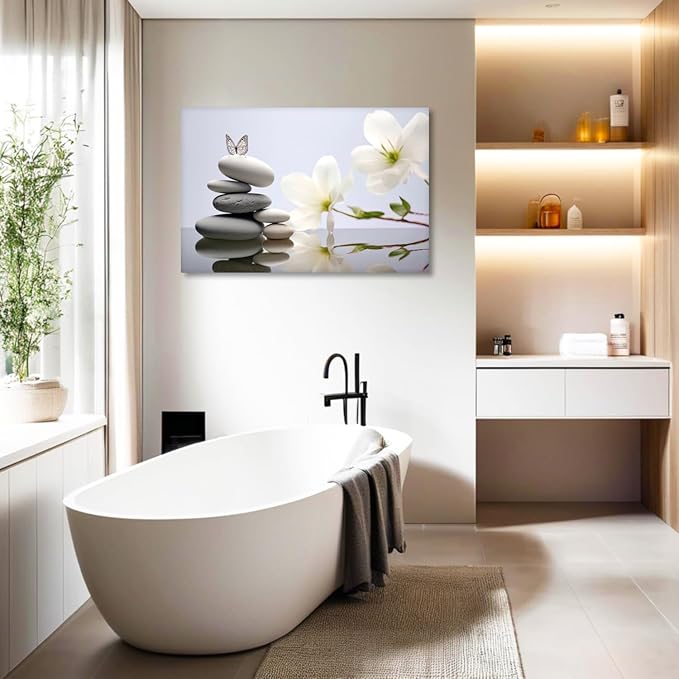 Zen Canvas Wall Art Lotus Picture Bathroom Wall Decor Blue Poster Spiritual Meditation Artwork Spa Stones Butterfly Prints for Yoga Room Home Decor Framed(Art-6,28.00x42.00 inch)