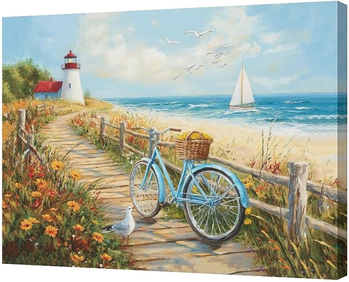 Olivine Coastal Wall Art, Beach Bicycle Pictures Wall Decor, Lighthouse Painting, Ocean Seascape Canvas Prints, Framed Artwork for Living Room Bedroom Bathroom Kitchen Office Home Decoration 24"x20"