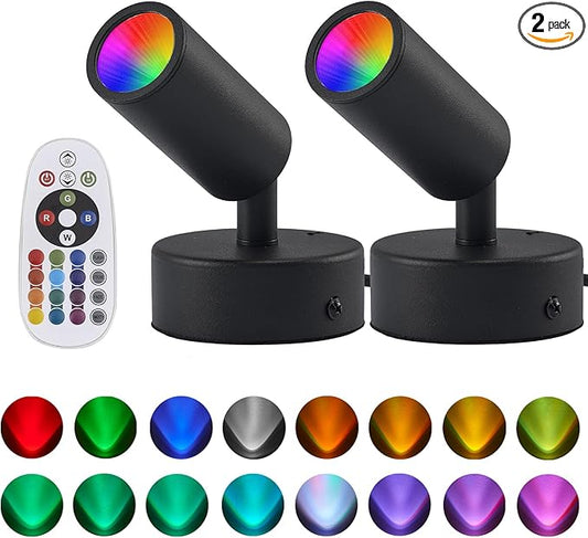 2 Pack LED Spot Lights Indoor Spot Lights Indoor Accent Lighting, RGBW Color Changing Up Lights Indoor Remote Control Plant Spotlight Decorative Lights (Black)