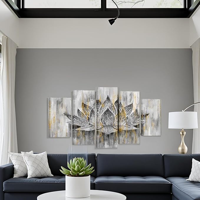 LevvArts 5 Panel Lotus Flower Wall Art Trendy Silver Golden Flower Painting Canvas Prints Zen Lotus Picture Artwork for Living Room Yoga Meditation Spiritual Decor Framed Ready to Hang