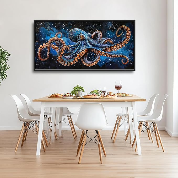 Octopus Wall Art Blue Space Octopus Pictures Wall Decor Galaxy Canvas Prints Framed Artwork Paintings Coastal Home Office Decorations for Living Room Bedroom Dinning Room 60"x30"